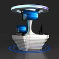 Modern Reception Desk With Curved Design Multiple Screens And Blue Lighting 3d model