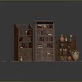 Rustic Wooden Bookcases Interior Display With Clay Pots Candles On Stone Tile Floor
