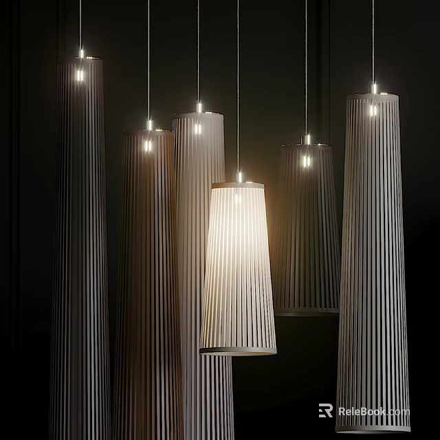 Modern Striped Cylindrical Pendant Lights With Warm Glow Hanging In Interior 3d model 