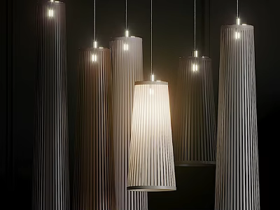 Modern Striped Cylindrical Pendant Lights With Warm Glow Hanging In Interior 3d model