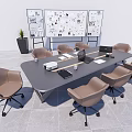 Modern Conference Table With Brown Chairs Laptop Printer And Whiteboard Charts 3d model