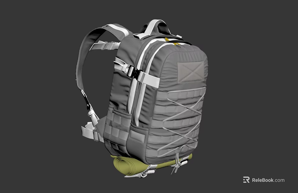 Gray Backpack With White Straps Multiple Compartments And Green Base Design 3d model 