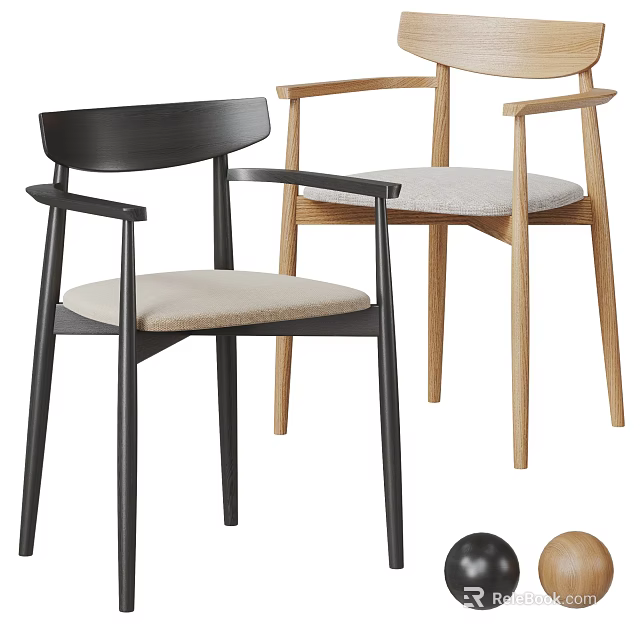 Modern Black and Light Wood Dining Chairs with Armrests and Upholstered Seats 3d model 