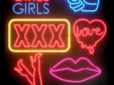 Neon Decorative Lights Featuring Girls Text XXX Symbol Love Heart Lips And Hand Design 3d model