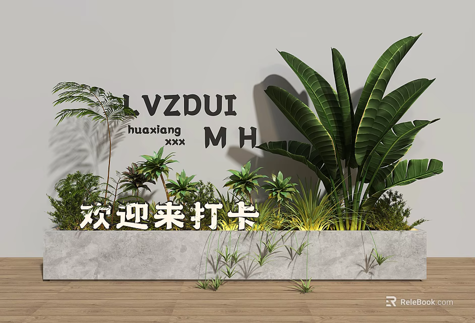 Various Bonsai Potted Plants in Concrete Planter with White Wall and Wooden Floor 3d model 
