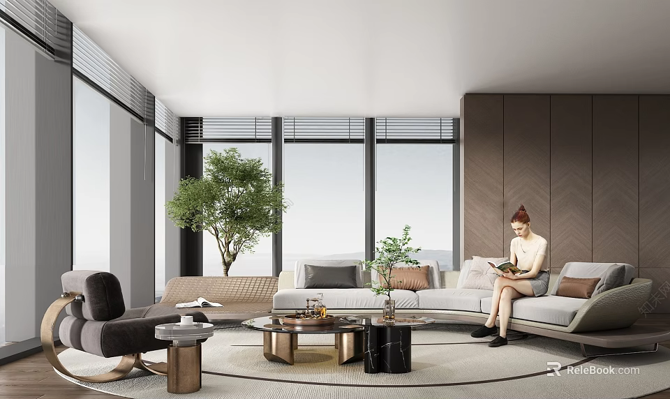 Modern Sofa And Coffee Table Set With Green Plants Large Windows And Cozy Rug 3d model 