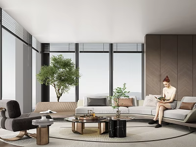 Modern Sofa And Coffee Table Set With Green Plants Large Windows And Cozy Rug 3d model