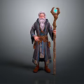Man In Blue And Brown Robe With Long White Beard Holding Staff With Blue Gemstone