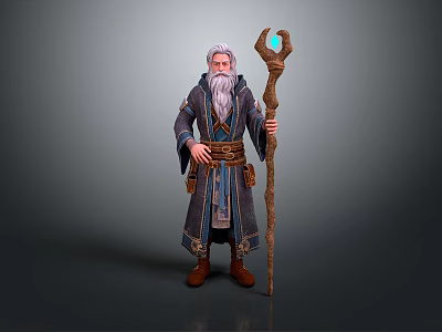 Man In Blue And Brown Robe With Long White Beard Holding Staff With Blue Gemstone 3d model