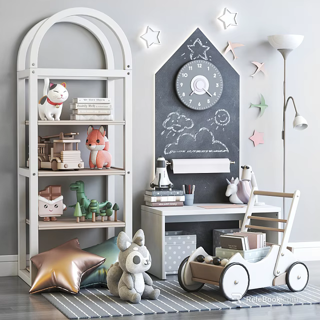 Stuffed Cat Fox Dinosaur Dolls on White Shelf with Books Blackboard Stars Clock and Trolley 3d model 