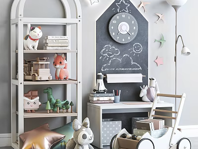 Stuffed Cat Fox Dinosaur Dolls on White Shelf with Books Blackboard Stars Clock and Trolley 3d model