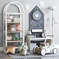 Stuffed Cat Fox Dinosaur Dolls on White Shelf with Books Blackboard Stars Clock and Trolley