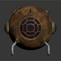 Vintage Copper Spherical Weapon With Metal Stand Riveted Details And Circular Windows