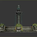 Garden Ornament Decorative Fountain Design With Circular Water Basin Surrounding Flower Pots And Blooming Flowers