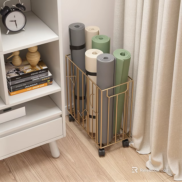 Metal Storage Basket With Wheels Organizes Yoga Mats At Home 3d model 