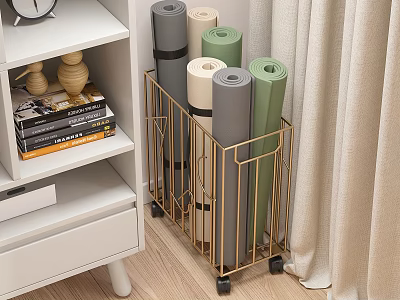 Metal Storage Basket With Wheels Organizes Yoga Mats At Home 3d model
