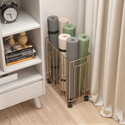 Metal Storage Basket With Wheels Organizes Yoga Mats At Home 3d model
