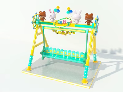 Colorful Children's Swing Playground Equipment With Yellow Green Frame And Cartoon Animal Decorations 3d model