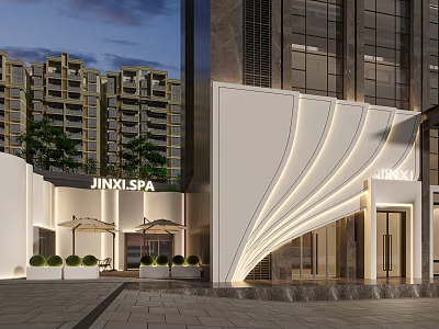 JINY SPA Modern Storefront Facade With White Curved Lighting Green Plants And Umbrellas 3d model