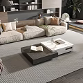 Modern Living Room Beige Sofa And Coffee Table Set With Gray Rug And Green Plant