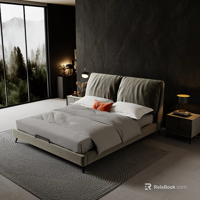 Double Bed Dark Wall Large Window Trees Outside Bedside Tables Lamps Gray Bedding Orange Cushions 3d model 