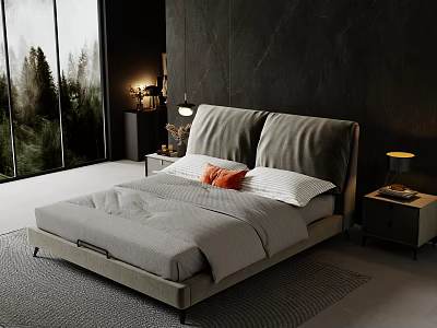Double Bed Dark Wall Large Window Trees Outside Bedside Tables Lamps Gray Bedding Orange Cushions 3d model