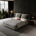 Double Bed Dark Wall Large Window Trees Outside Bedside Tables Lamps Gray Bedding Orange Cushions
