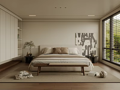 Modern Bedroom Interior Design With Bed Bench Artwork And Large Windows 3d model