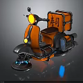 Orange Futuristic Motorcycle With Sushi Delivery Box Blue Accent Lights And Glossy Surface Reflection