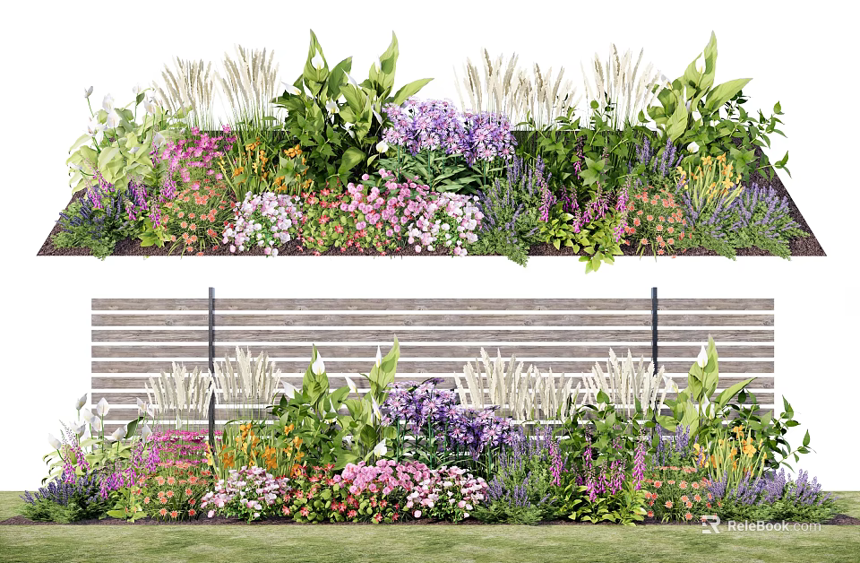 Vibrant Mixed Flowers And Green Grasses In Lush Garden Bed With Various Blooms 3d model 