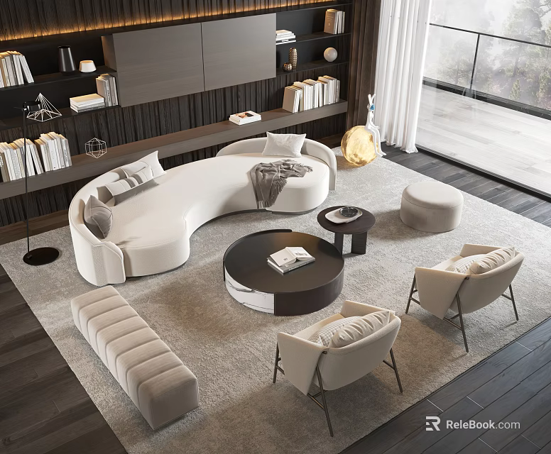 Modern Curved White Sofa Coffee Table Combination With Round Table And Chairs On Area Rug 3d model 
