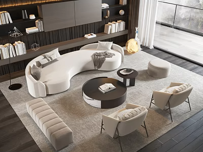 Modern Curved White Sofa Coffee Table Combination With Round Table And Chairs On Area Rug 3d model