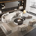 Modern Curved White Sofa Coffee Table Combination With Round Table And Chairs On Area Rug