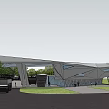 Modern Transportation Hub Exterior Design With Geometric Roof Trees And Pedestrians