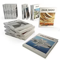 Stack of Architecture Design Publications Featuring Works by Zaha Hadid and Calatrava