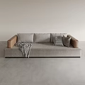 Light Gray Sectional Sofa With Brown Armrests Decorative Pillows And Plaid Throw Blanket 3d model