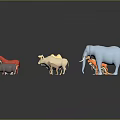 Colorful Animal Models of Various Sizes Including Elephant Cow Sheep on Dark Background with Reflections