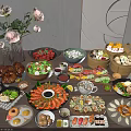 Assorted Delicious Food Spread With Grilled Chicken Fresh Shrimp Sushi Vegetables Fruits And Floral Decoration
