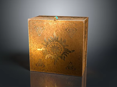 Golden Decorative Box With Intricate Floral Patterns And Green Gemstone On Top 3d model
