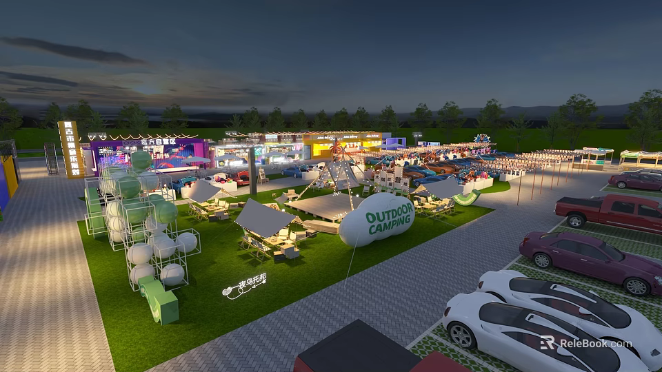 Outdoor Commercial Street Night Scene With Colorful Market Stalls Green Lawn And Parking Area 3d model 