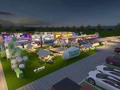 Outdoor Commercial Street Night Scene With Colorful Market Stalls Green Lawn And Parking Area 3d model