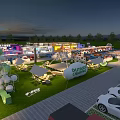 Outdoor Commercial Street Night Scene With Colorful Market Stalls Green Lawn And Parking Area