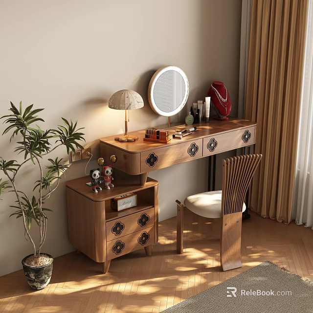 Wooden Dressing Table with Round Mirror Table Lamp Drawers Chair and Potted Plant 3d model 