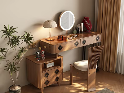 Wooden Dressing Table with Round Mirror Table Lamp Drawers Chair and Potted Plant 3d model