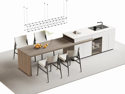 Modern Wooden Bar Counter With Hanging Lights Dining Chairs And Storage Cabinets 3d model
