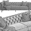 Luxurious Black Leather Three-Seater Sofa With Tufted Design Decorative Pillows And Fur Throw