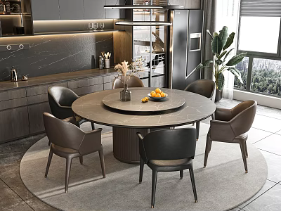 Modern Open Kitchen Interior Design With Round Dining Table Set Chairs Fruits And Plants 3d model