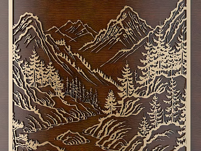 Wooden Carving Artwork Featuring Mountain Landscape Pine Trees And River 3d model