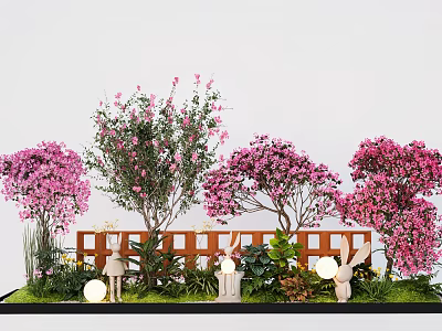 Pink Flowering Tree Plant Arrangement With Wooden Fence Rabbit Decor And Lantern Lights 3d model