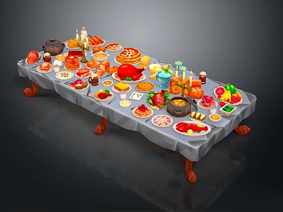 Abundant Assorted Dishes Fruits And Drinks On Long Table With Tablecloth And Wooden Legs 3d model